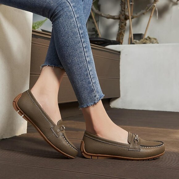 Kordal Women's Light GrLeather Gold Accent Buckle Slip-Ons Walking Flats Loafers - Picture 6 of 9